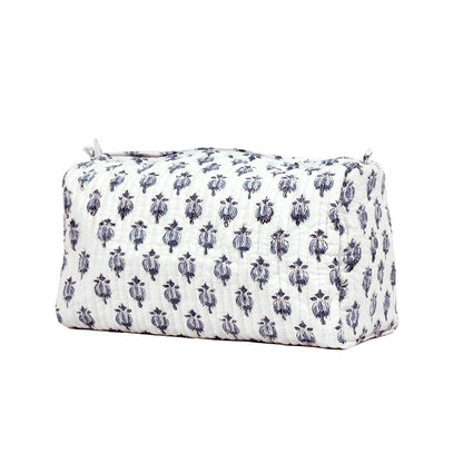 BLOCK N STYLE Cotton Hand Block Floral Toiletry Bag – Women’s Makeup & Travel Organizer, White (9.25 x 4.53 x 6.89 in)