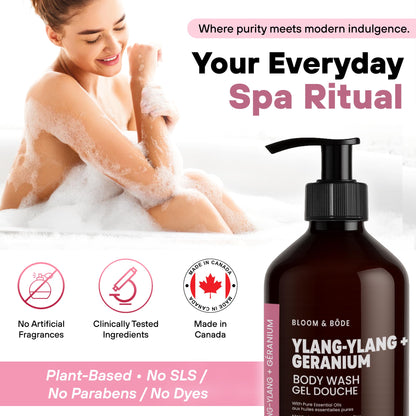 Bloom & Bōde Ylang-Ylang + Geranium Body Wash Gel – Sulfate-Free, Plant-Based, 500 mL (16.9 oz)