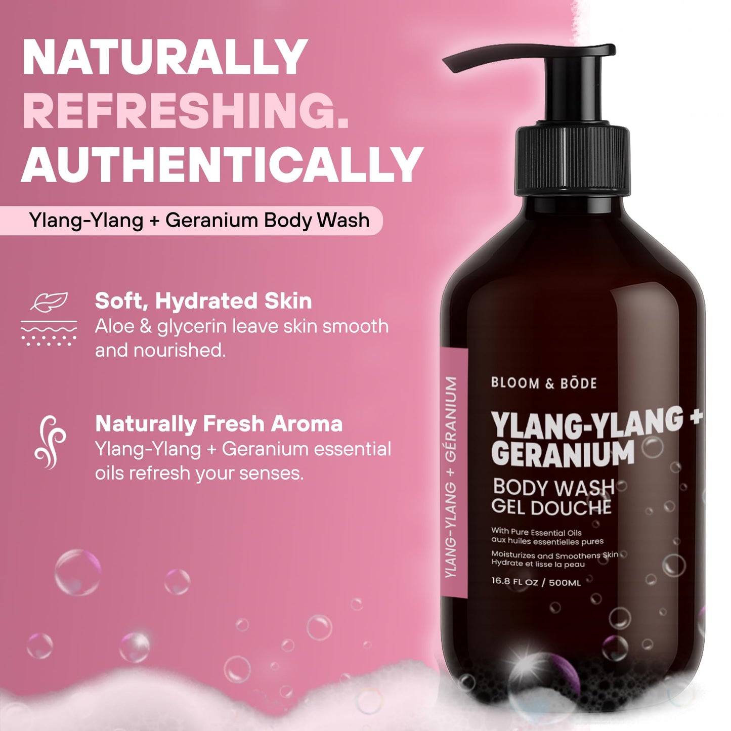 Bloom & Bōde Ylang-Ylang + Geranium Body Wash Gel – Sulfate-Free, Plant-Based, 500 mL (16.9 oz)
