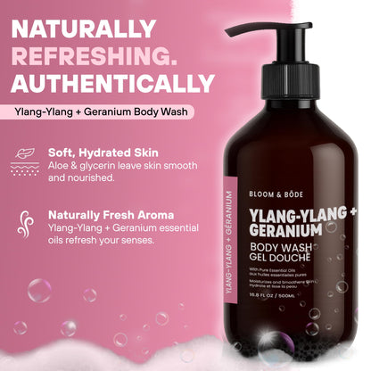 Bloom & Bōde Ylang-Ylang + Geranium Body Wash Gel – Sulfate-Free, Plant-Based, 500 mL (16.9 oz)