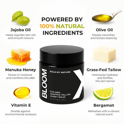 Bloomeo Natural Tallow & Honey Balm for Men | 2.82 oz Whipped Beef Tallow Moisturizer