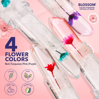 Blossom pH Color-Changing Lip Balm 2-Pack – Red & Blush, Strawberry Scent, Real Flower Infused