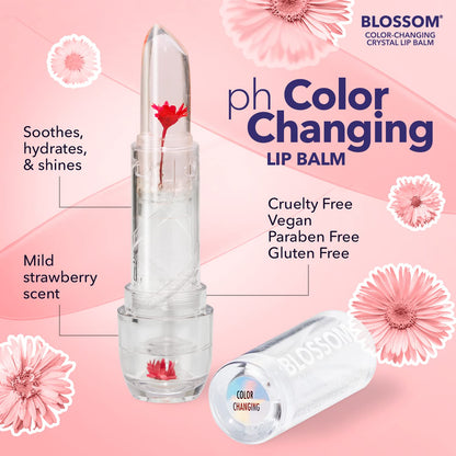Blossom pH Color-Changing Lip Balm 2-Pack – Red & Blush, Strawberry Scent, Real Flower Infused