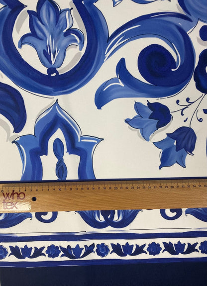 Blue and White Baroque Floral Print Fabric by Metre