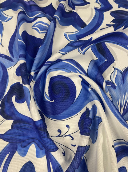 Blue and White Baroque Floral Print Fabric by Metre