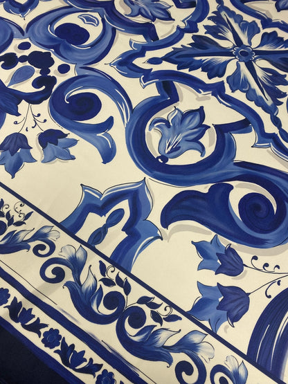 Blue and White Baroque Floral Print Fabric by Metre
