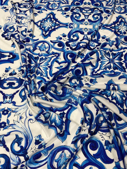 Majolica Floral Scroll Blue White Fabric by the Metre
