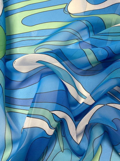 Blue Green Wave Fabric – Ocean Abstract Print by the Metre