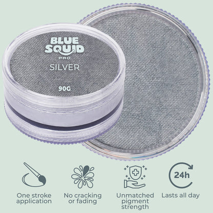 Blue Squid PRO Face Paint Metallic Silver 90g – Water-Based, Professional Grade