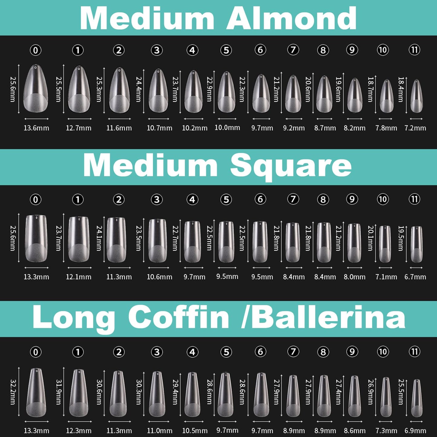 BlueZOO 3 Shapes Soft Gel Nail Tips Kit – Almond, Square, Coffin (360Pcs, 12 Sizes)
