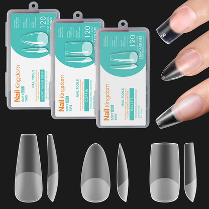 BlueZOO 3 Shapes Soft Gel Nail Tips Kit – Almond, Square, Coffin (360Pcs, 12 Sizes)