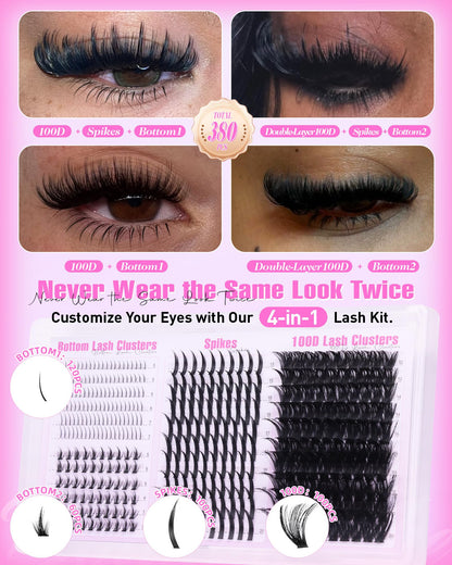 Boahankuke Lash Clusters Kit with Spikes — 380Pcs, 4 Styles, 2-in-1 Bond & Seal, Tweezers