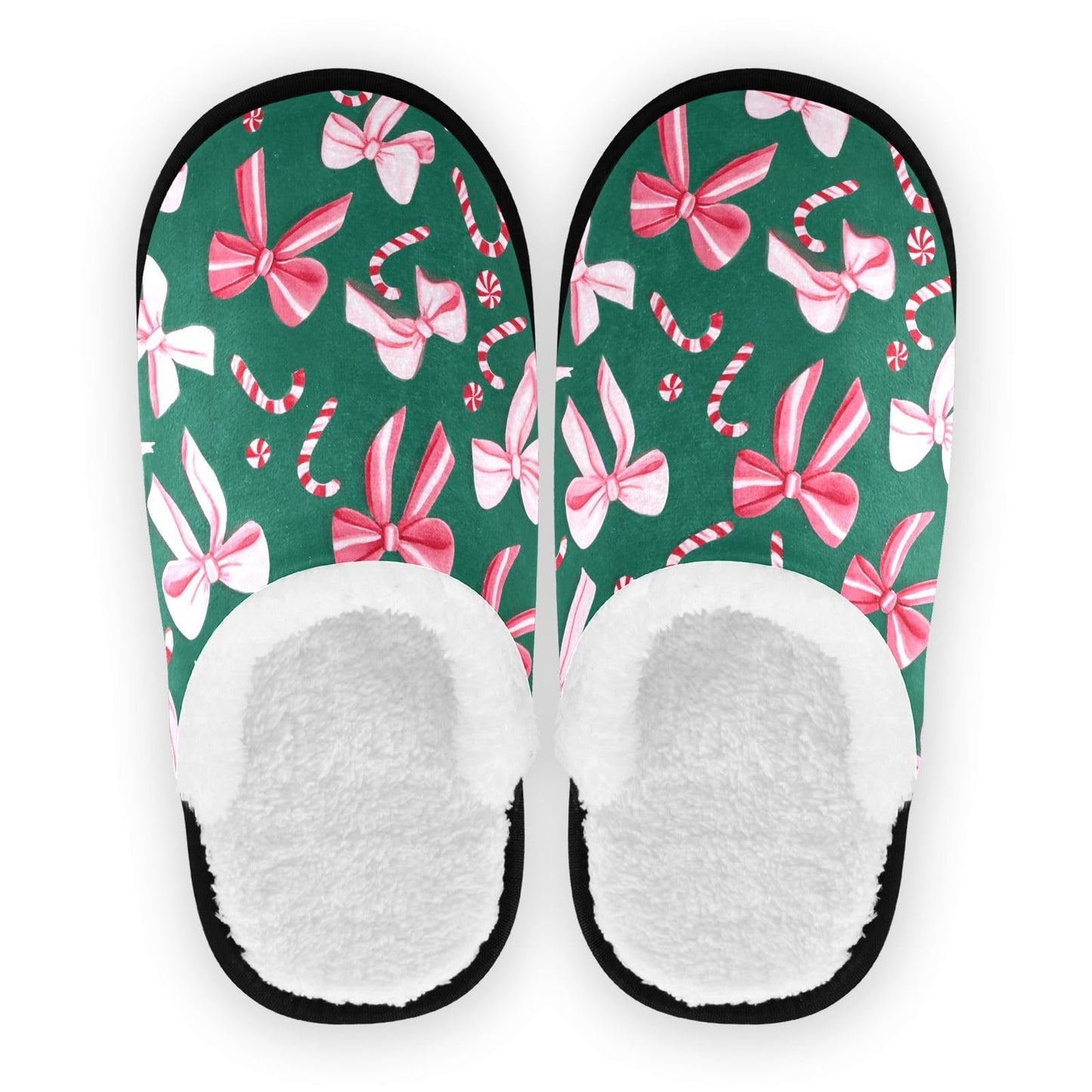 Boccsty Christmas Pink Green Bow Spa Slippers – Cozy Flannel, Non-Slip Indoor/Outdoor (Size L)