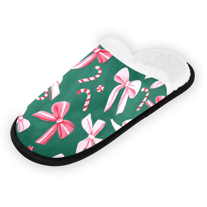 Boccsty Christmas Pink Green Bow Spa Slippers – Cozy Flannel, Non-Slip Indoor/Outdoor (Size L)