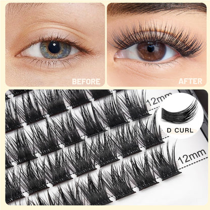 Bodermincer 120-Cluster Mixed Wide Lash Extensions (10-12mm) – D Curl, 0.07mm Thick