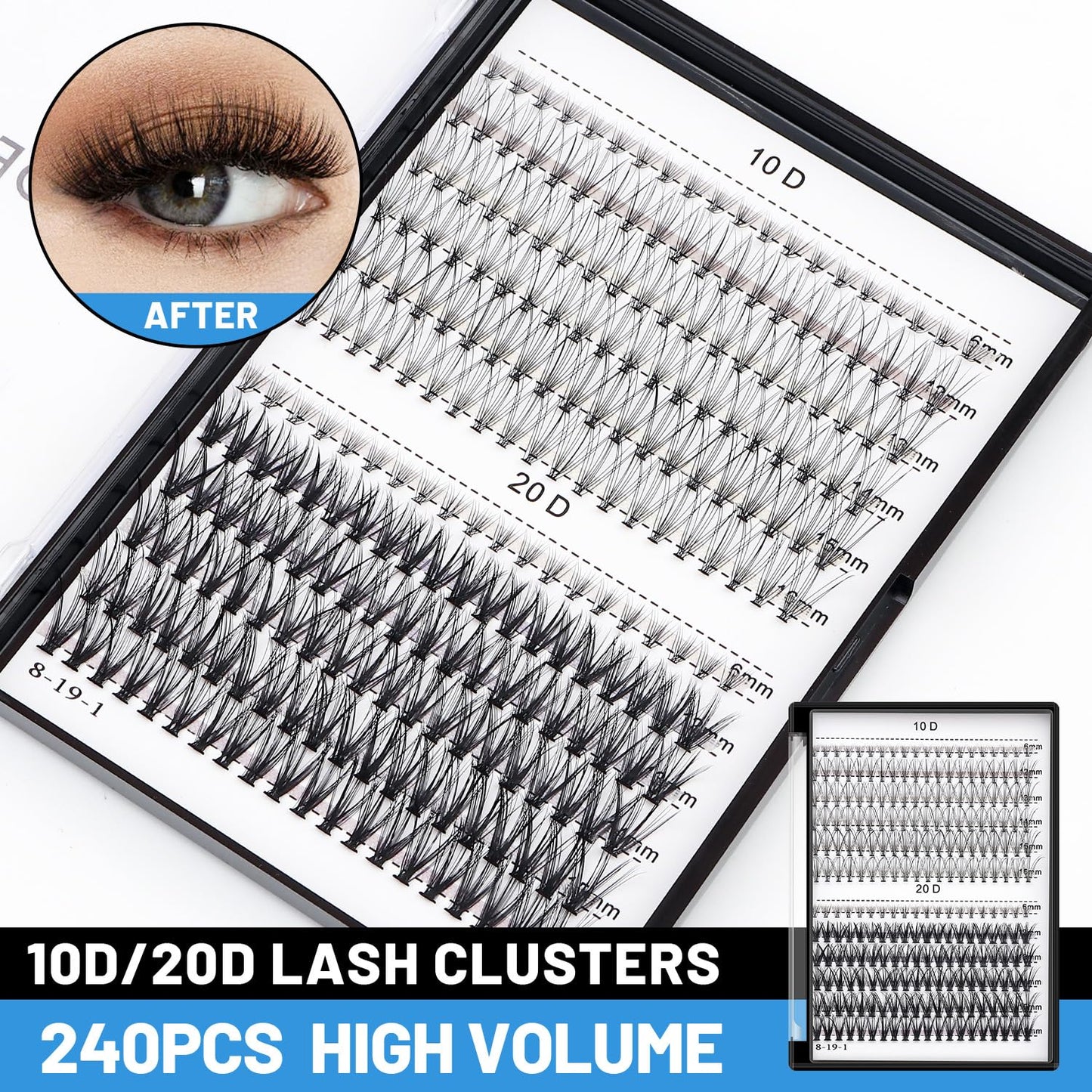 Bodermincer 240pcs Lash Extensions – C Curl, 10D/20D Mixed Clusters (8–16mm) for Professionals