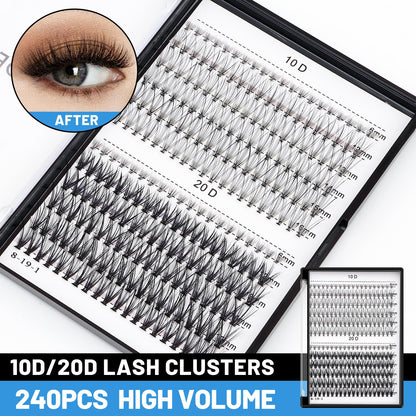Bodermincer 240pcs Lash Extensions – C Curl, 10D/20D Mixed Clusters (8–16mm) for Professionals