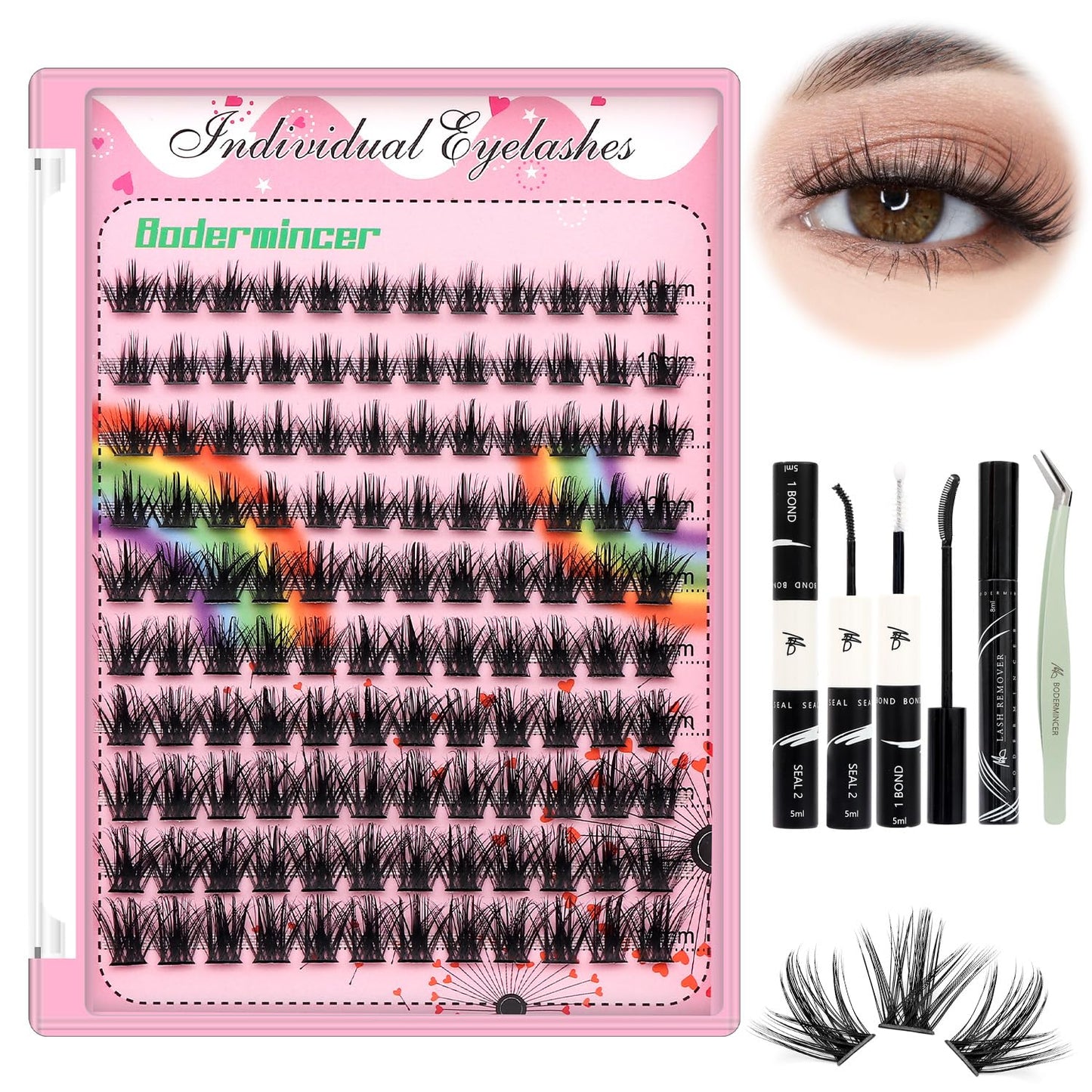 Bodermincer Lashes Clusters Kit 10-12mm to 18mm, 120 Clusters, 0.07mm D Curl