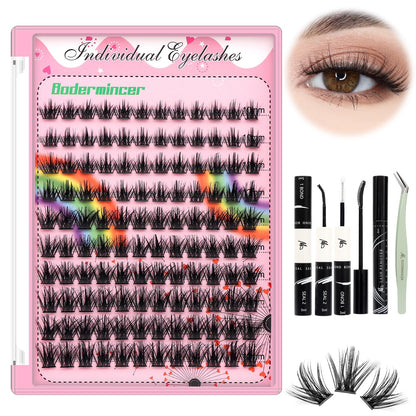 Bodermincer Lashes Clusters Kit 10-12mm to 18mm, 120 Clusters, 0.07mm D Curl