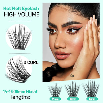 Bodermincer Lashes Clusters Kit 10-12mm to 18mm, 120 Clusters, 0.07mm D Curl