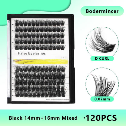 Bodermincer 120-Cluster Mixed Wide Lash Extensions (10-12mm) – D Curl, 0.07mm Thick