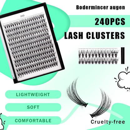 Bodermincer Black Cluster Lashes 240pcs 20D/40D DIY Eyelash Extensions – D Curl, 8–22mm