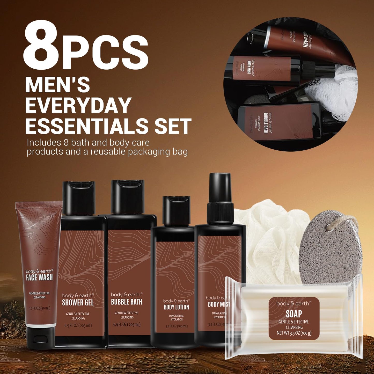 Body & Earth 8-Piece Bath & Body Wash Set for Men – Sandalwood Spa Gift Basket