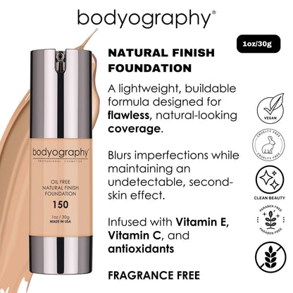 Bodyography Natural Finish Foundation Dark/Warm #240 | Oil-Free, Anti-Aging with Vitamin E & C | Photo-Ready Coverage | Vegan, Gluten-Free, Paraben-Free