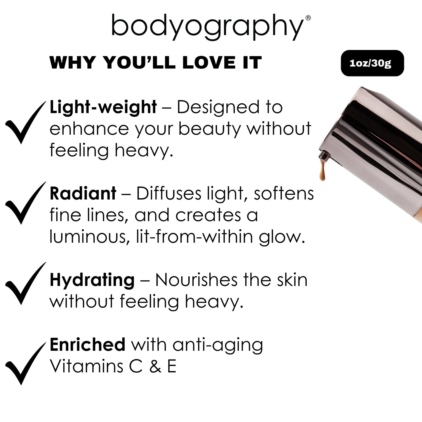 Bodyography Natural Finish Foundation Dark/Warm #240 | Oil-Free, Anti-Aging with Vitamin E & C | Photo-Ready Coverage | Vegan, Gluten-Free, Paraben-Free