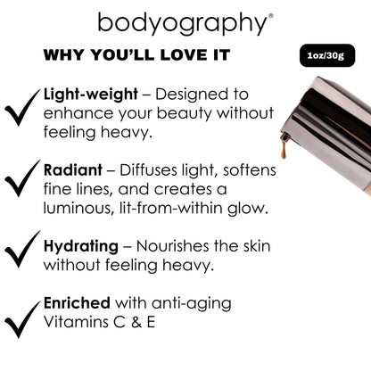 Bodyography Natural Finish Foundation Dark/Warm #240 | Oil-Free, Anti-Aging with Vitamin E & C | Photo-Ready Coverage | Vegan, Gluten-Free, Paraben-Free