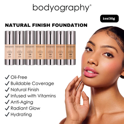 Bodyography Natural Finish Foundation Dark/Warm #240 | Oil-Free, Anti-Aging with Vitamin E & C | Photo-Ready Coverage | Vegan, Gluten-Free, Paraben-Free
