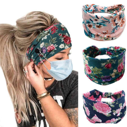 Bohend Boho Button Headbands with Mask Buttons – 3 Pack, Stretchy Cotton