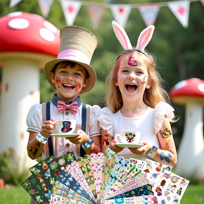 BOIKOKY 96 PCS Alice in Wonderland Party Favor Set – 72 Tattoos & 24 Slap Bracelets for Kids