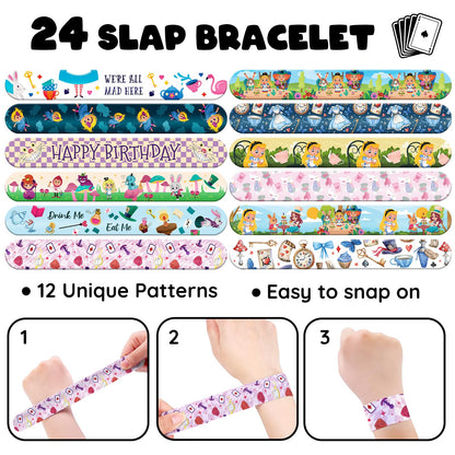 BOIKOKY 96 PCS Alice in Wonderland Party Favor Set – 72 Tattoos & 24 Slap Bracelets for Kids