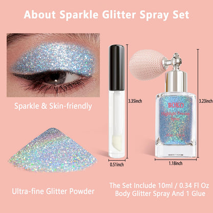 Boko Body Glitter Spray – Holographic Silver Sparkle for Face, Hair, and Clothes