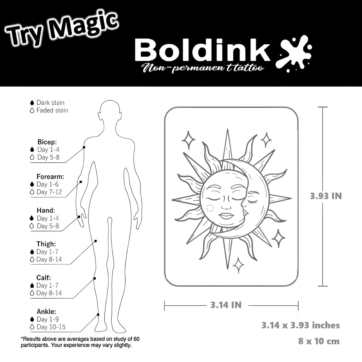 Boldink Semi-Permanent Tattoos – Realistic Waterproof Temporary Tattoos (Sun and Moon 3)