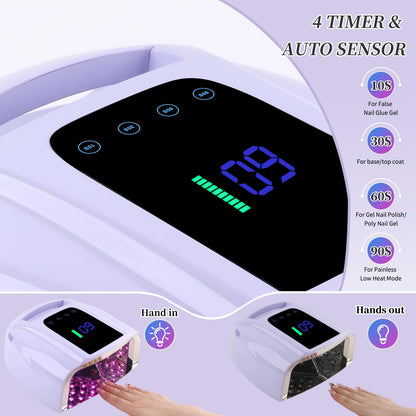 BOMOQING 96W Rechargeable UV LED Nail Lamp with LCD Display, Cordless, 4 Timer Settings - Violet