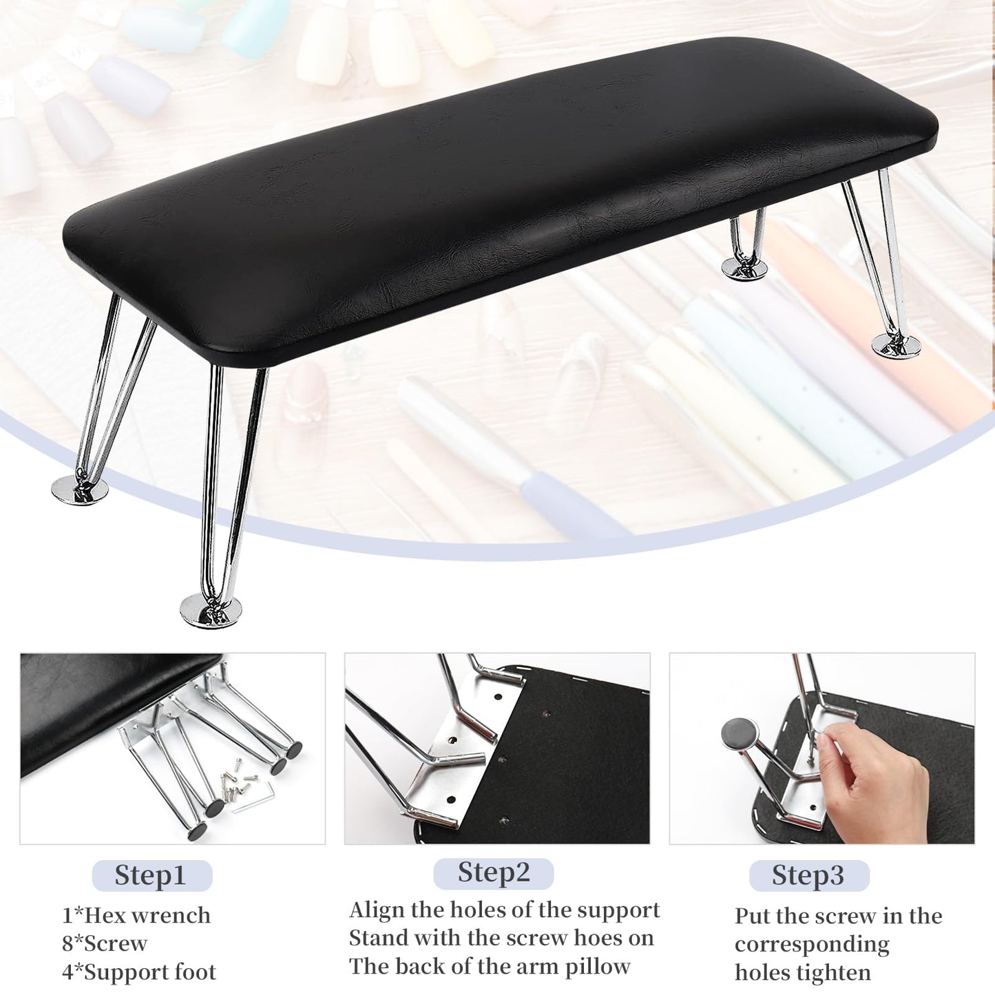 BOMOQING Nail Arm Rest – Microfiber Leather Hand Holder for Manicure, Non-Slip Table Accessory (Black)