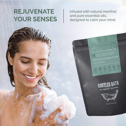 BOOTLEG BATH Shower Steamers - Eucalyptus Aromatherapy 15-Pack, All Natural, Made in USA