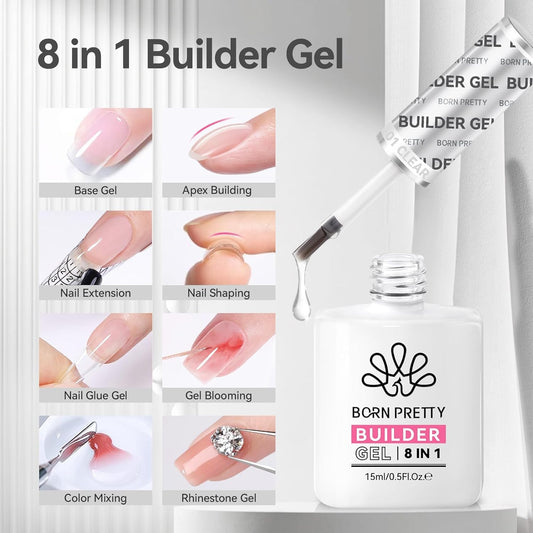 Born Pretty Builder Gel 8-in-1 for Nails – 15ml Clear & Pink Set | Base Gel, Extension Gel, Rhinestone Glue