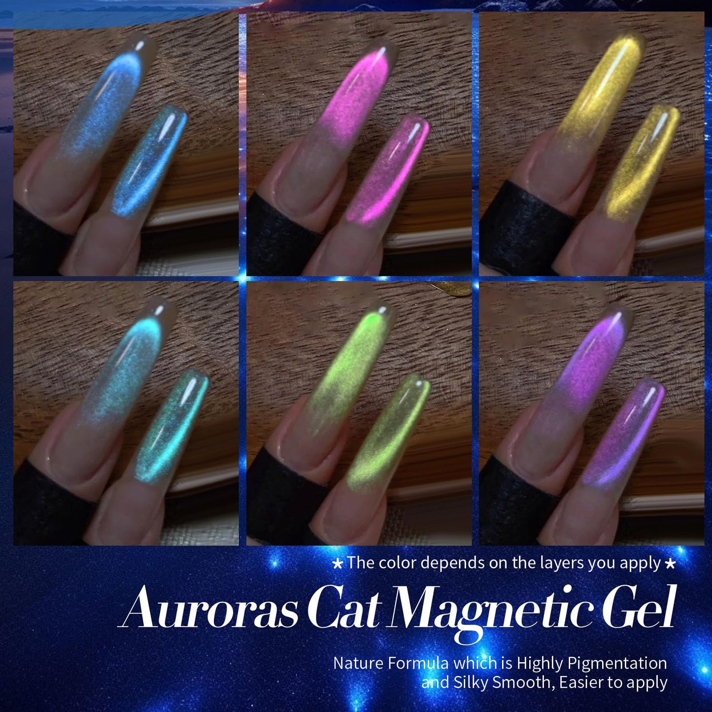 Born Pretty Cat Magnetic Eye Gel Nail Polish – Aurora Mermaid Blue Purple Pink Yellow Red, 6PCS 7ml for Nail Art & DIY