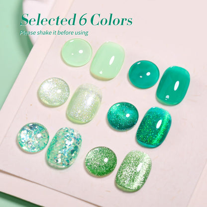 Born Pretty Green Gel Nail Polish Kit: Jelly, Cat Magnetic Eye & Glitter Holographic Finishes