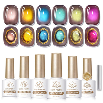 Born Pretty Cat Magnetic Eye Gel Nail Polish Set — 6 Glitter Colors, 7ml, HEMA & TPO Free