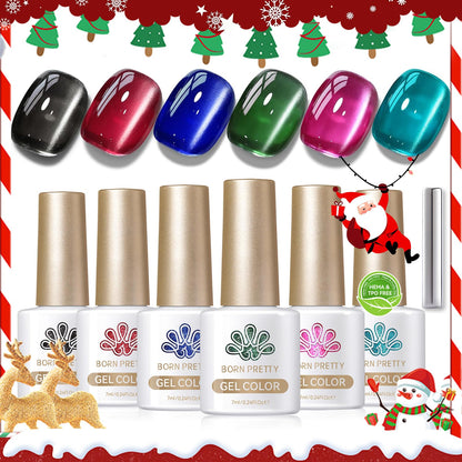 Born Pretty Christmas Cat Magnetic Eye Gel Nail Polish Set – 6 Colors (7ml each) for Holiday Manicure