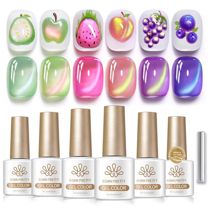 Born Pretty Fruit Colors Cat Magnetic Eye Gel Nail Polish Set – 6 Colors, 7ml