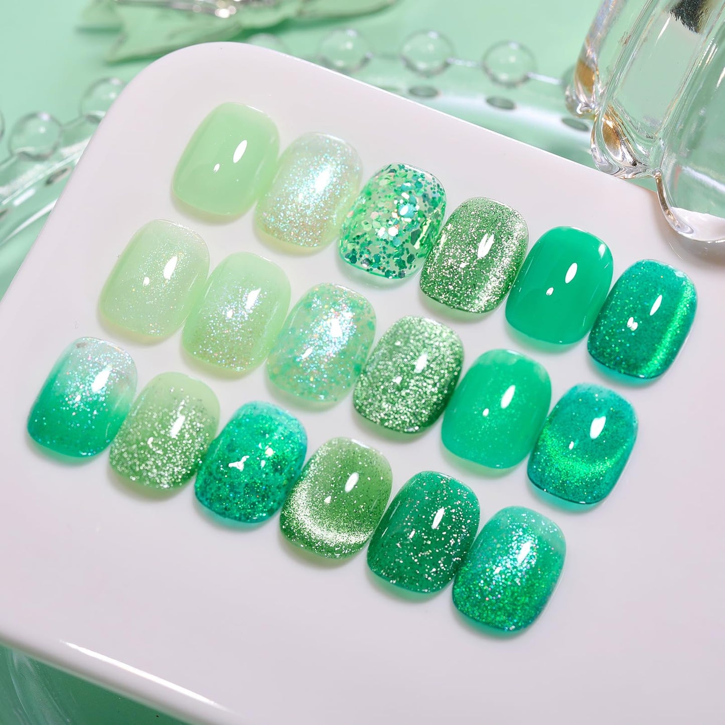 Born Pretty Green Gel Nail Polish Kit: Jelly, Cat Magnetic Eye & Glitter Holographic Finishes