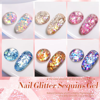 Born Pretty Glitter Sequins Gel Nail Polish Set – 6x7ml Sparkle Shiny Gel Polish for DIY Nail Art