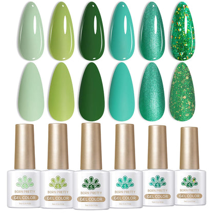 Born Pretty Green Gel Nail Polish Set – 6-Piece Avocado, Glitter, Dark & Forest Greens for DIY Manicures