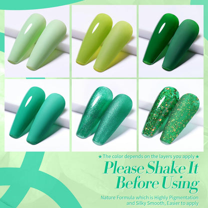 Born Pretty Green Gel Nail Polish Set – 6-Piece Avocado, Glitter, Dark & Forest Greens for DIY Manicures