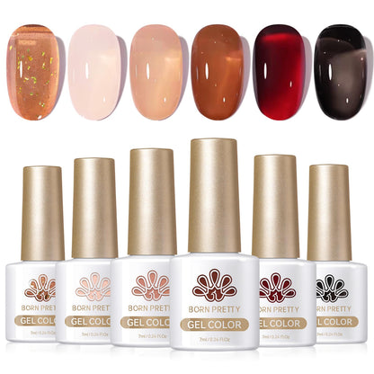 Born Pretty Jelly Gel Nail Polish Set — Fall/Winter 6-Piece 7ml Gel Kit (Brown, Burgundy, Black, Nude, Transparent)